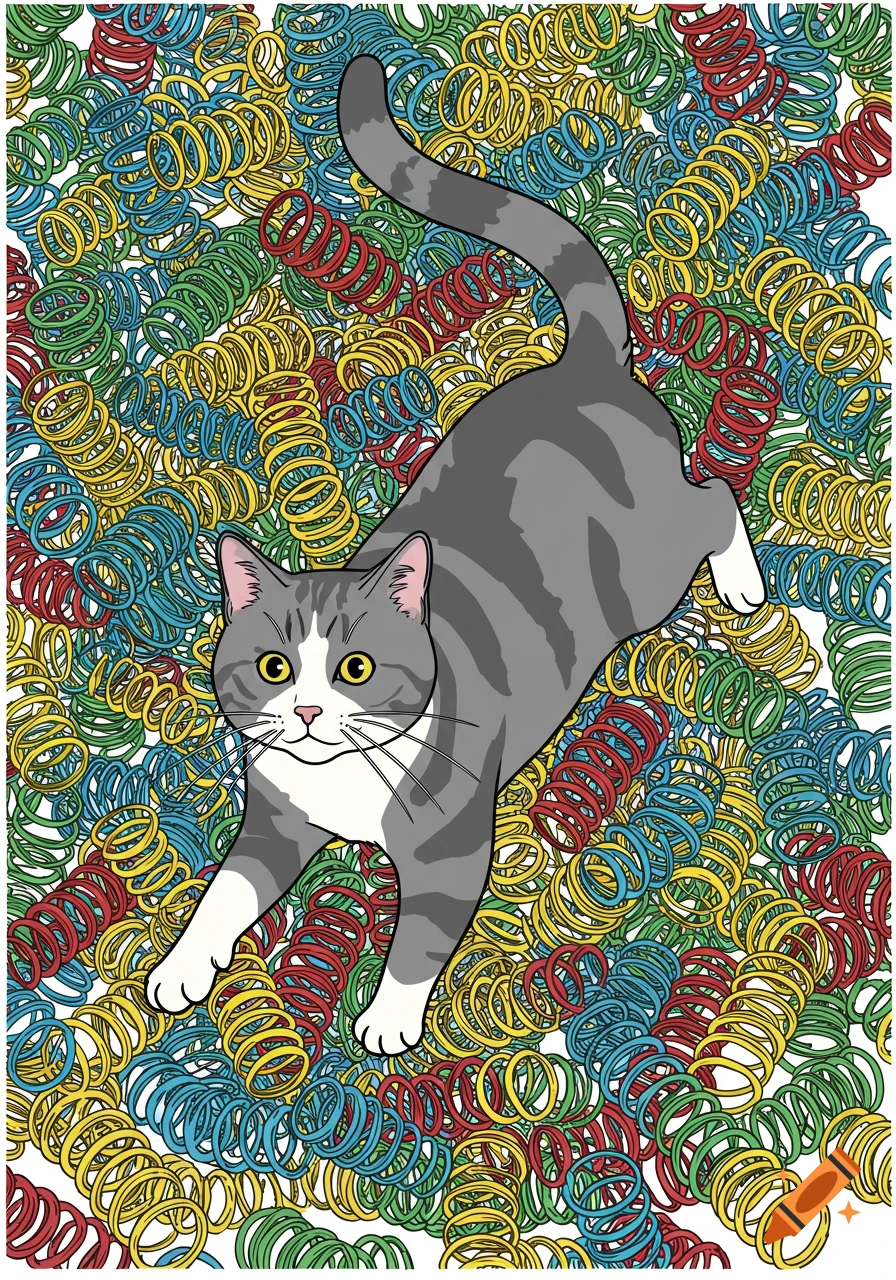 Vector illustration of a gray and white cat on a colorful background of plastic springs