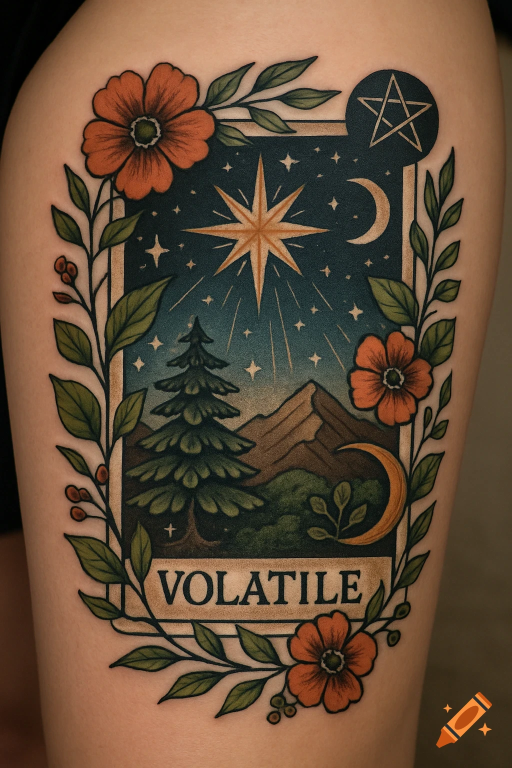 Tattoo of a tarot card on a leg with a star, moon, tree, mountains, leaves, flowers, and 'VOLATILE'.