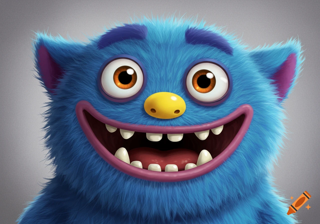 A close-up illustration of a blue furry monster with orange eyes, a yellow nose, and a wide grin.