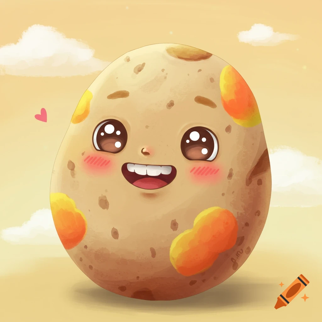 A cute cartoon potato with a face and blushing cheeks.