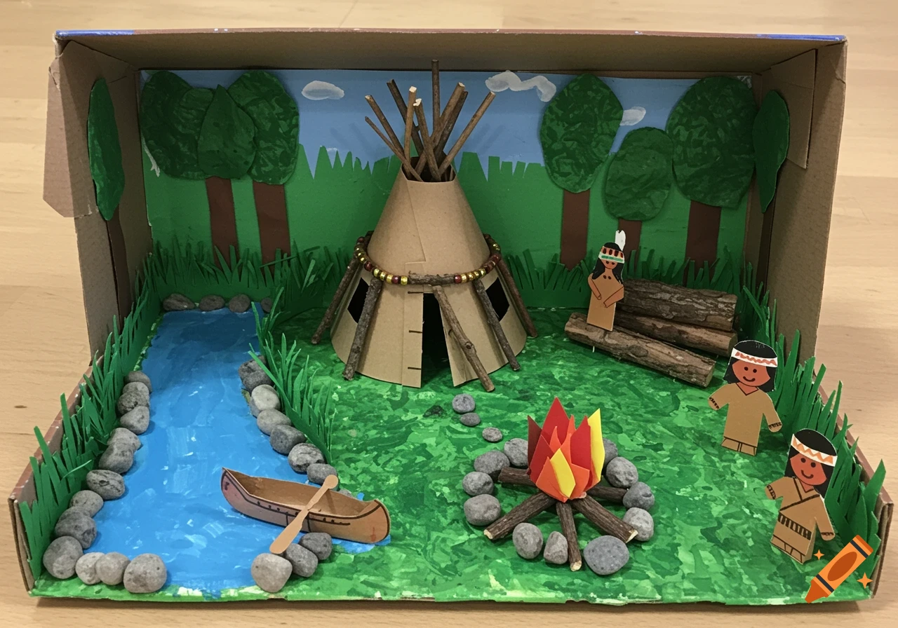 A diorama depicting a Native American scene with a river, teepee, campfire, canoe, and figures.