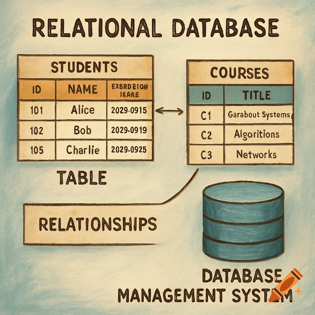 Diagram illustrating a relational database with student and course tables, relationships, and a database management system, in a painted style.