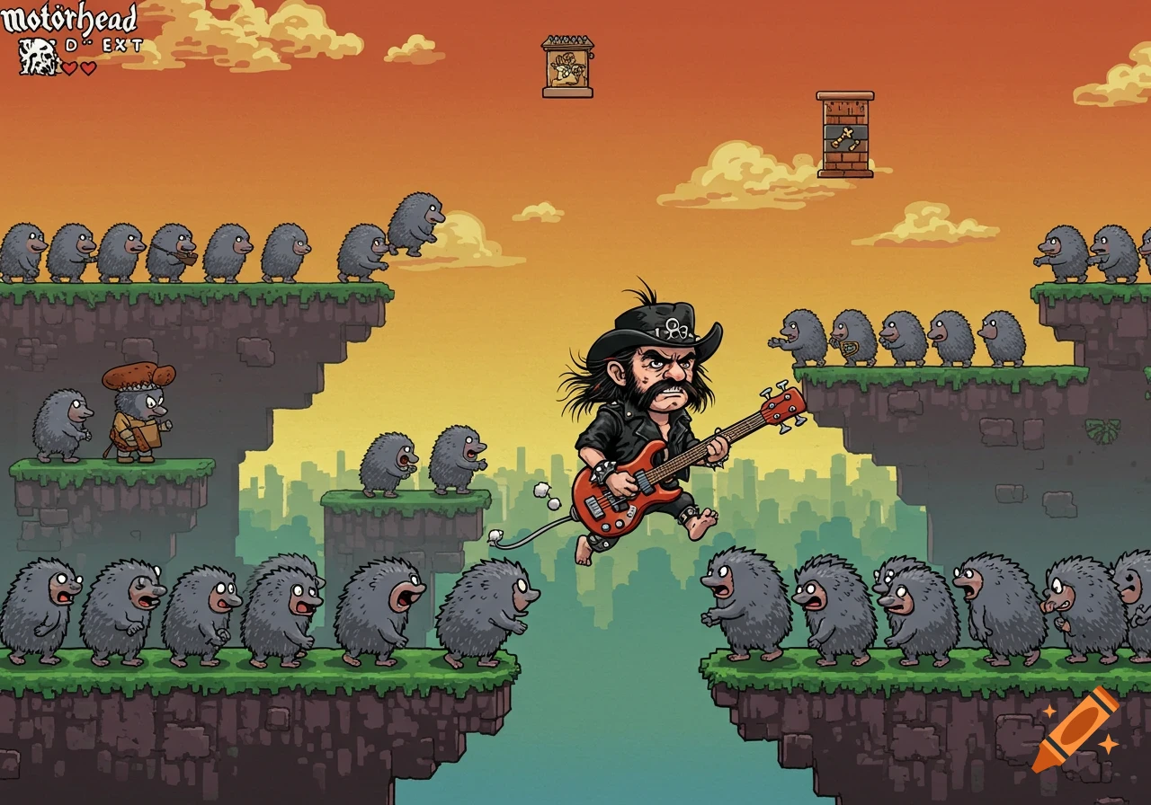 Cartoon rock musician jumps with guitar in a video game level with mole creatures.