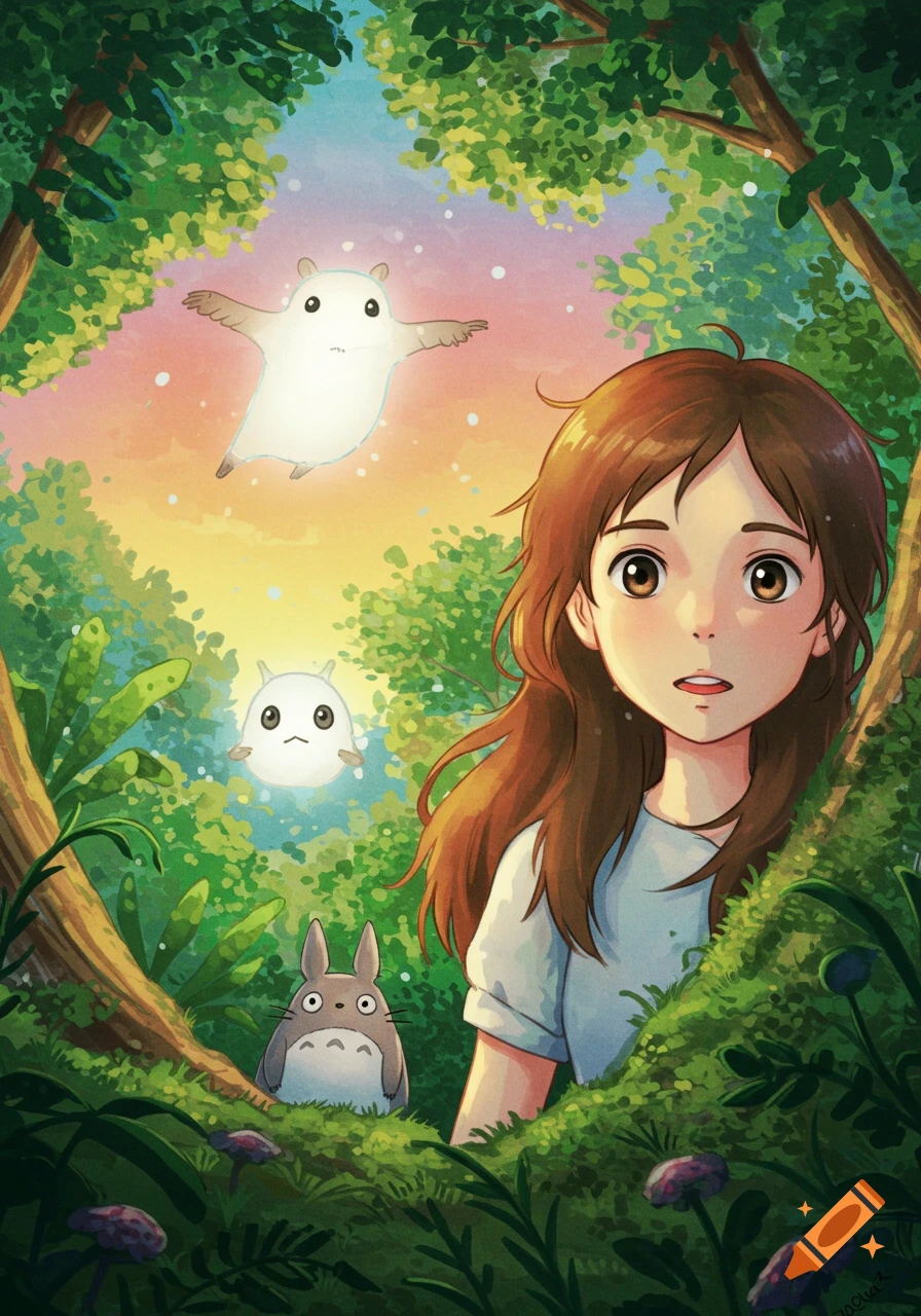 Illustration of a girl, ghost-like creatures, and Totoro in a lush forest