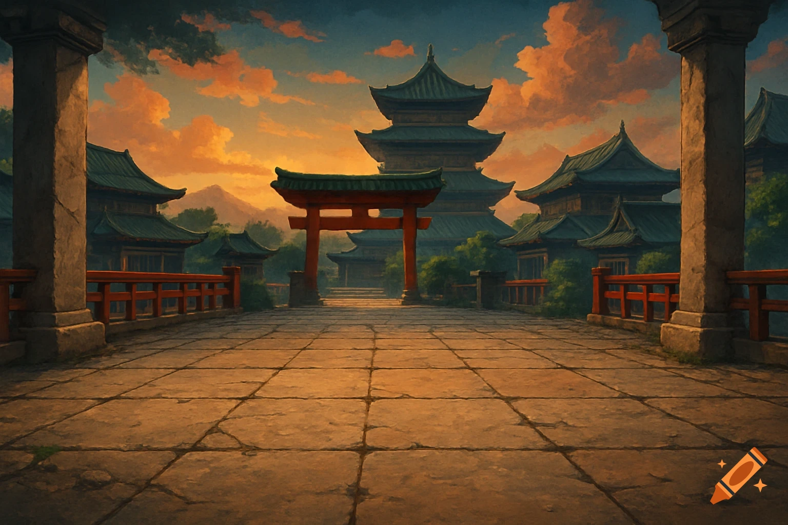 A stone courtyard leads to a torii gate and pagodas under an orange sunset sky.