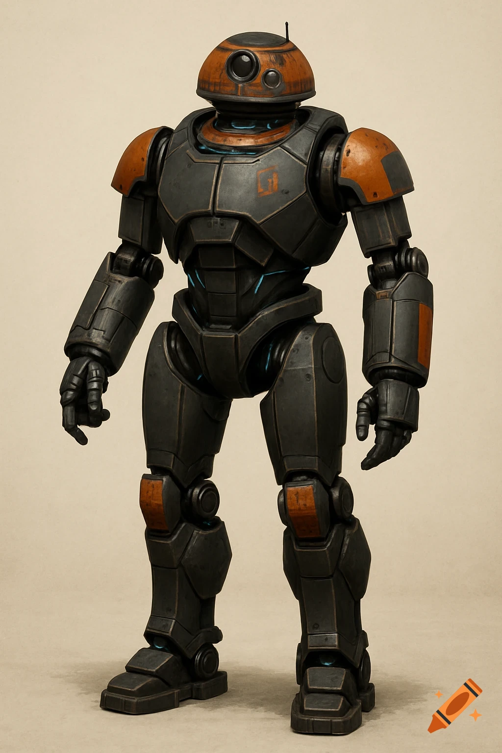 Concept art of a detailed sci-fi robot with an orange head and dark grey body standing in a realistic style.