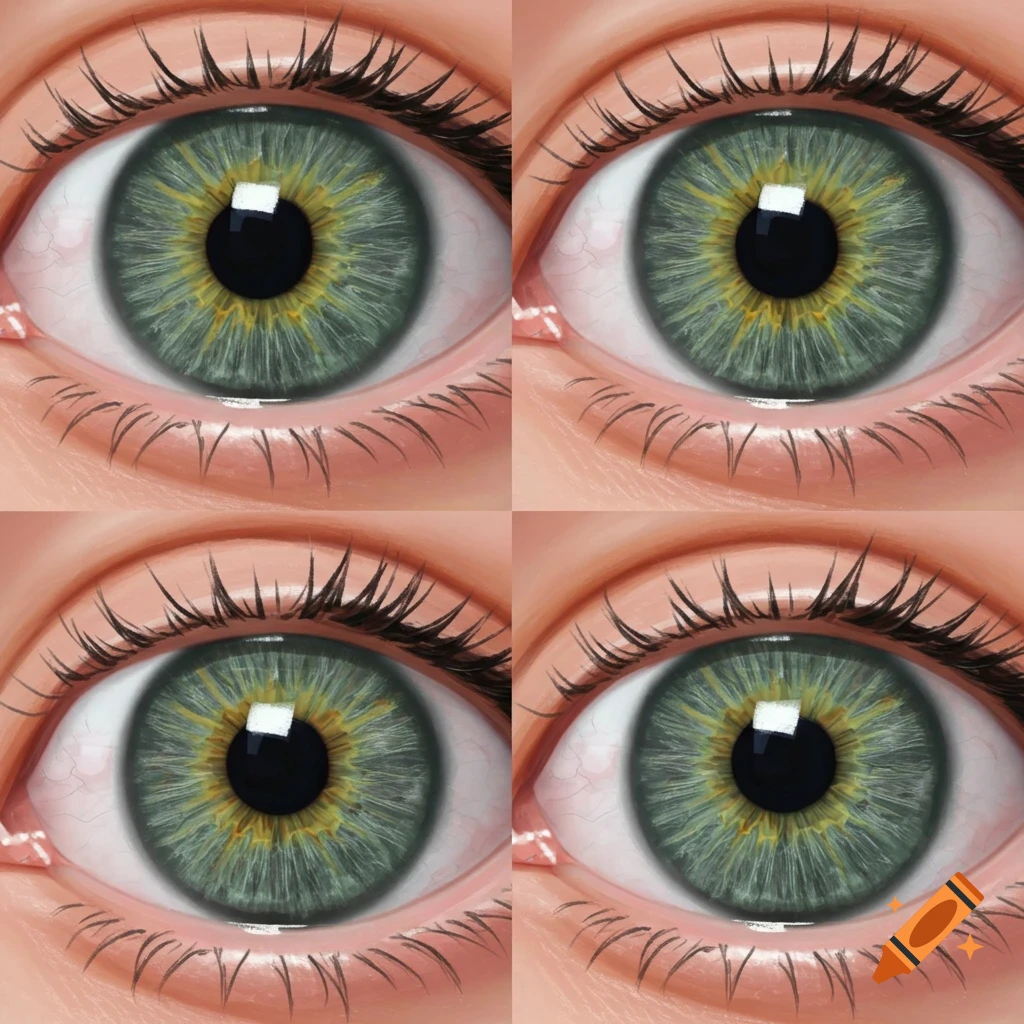 Close up of four human eyes with green, grey, and yellow irises.