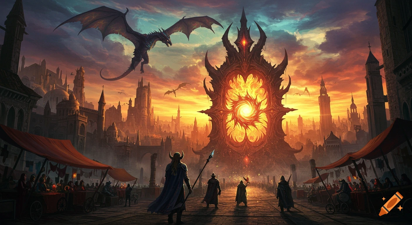 A dragon flying over a medieval city looking at a large glowing portal at sunset.