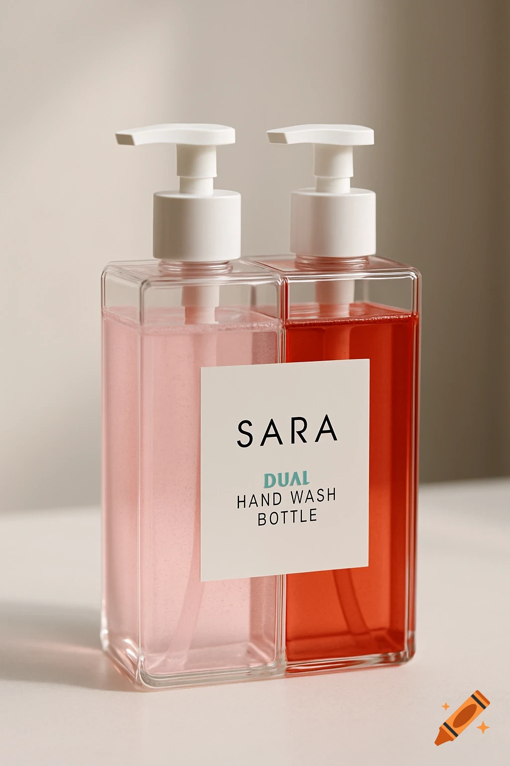 Close-up photo of two clear hand wash bottles, one pink, one red, with a label saying 'SARA DUAL HAND WASH BOTTLE'.