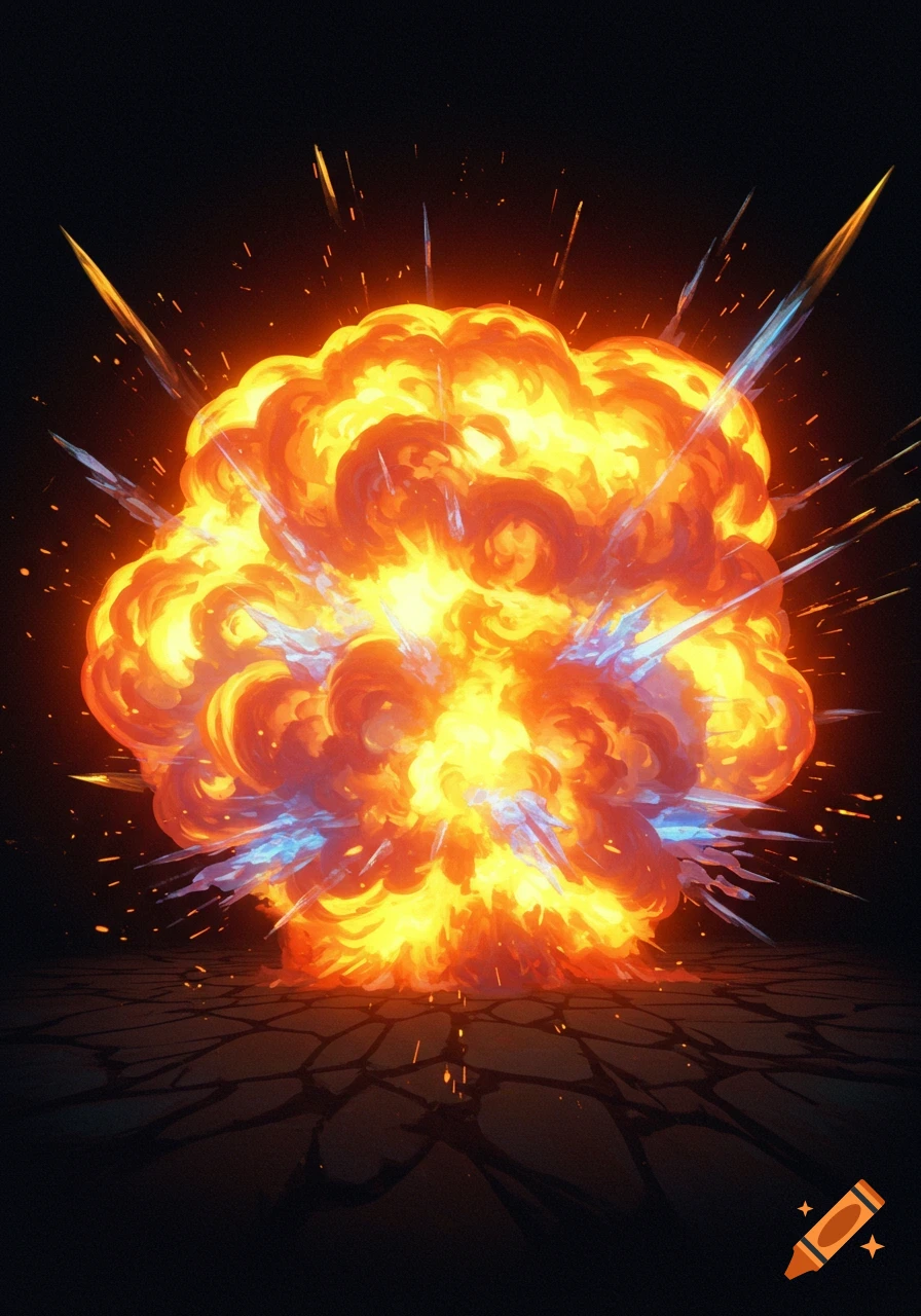 A stylized illustration of a fiery explosion with bursts of blue light.
