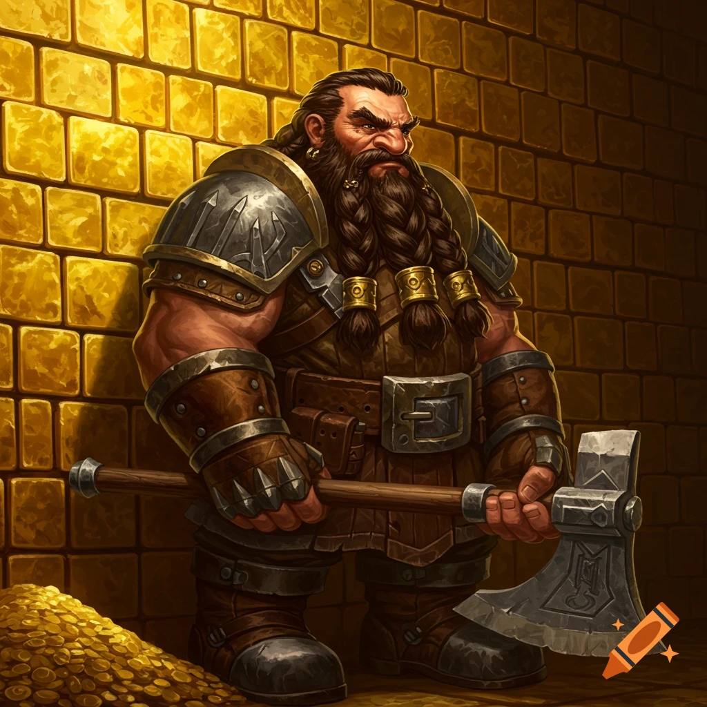 A stern-looking dwarf with an axe stands next to a pile of gold coins.