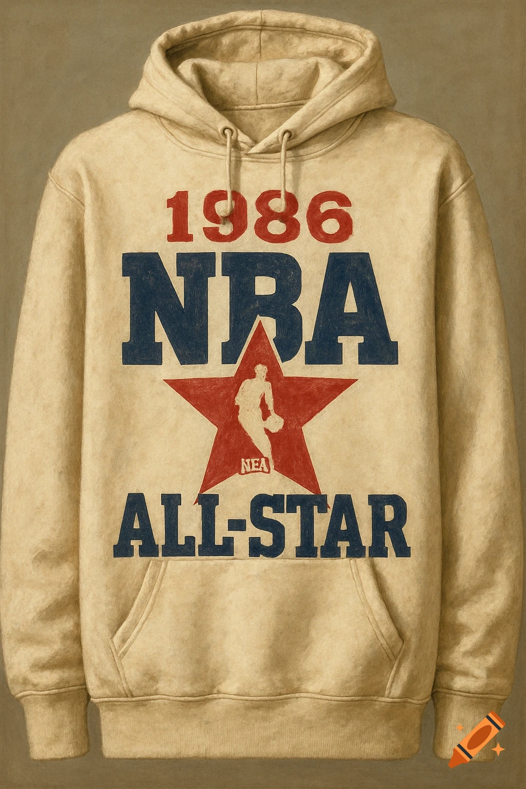 A beige hoodie with "1986 NBA ALL-STAR" text and a red star logo.