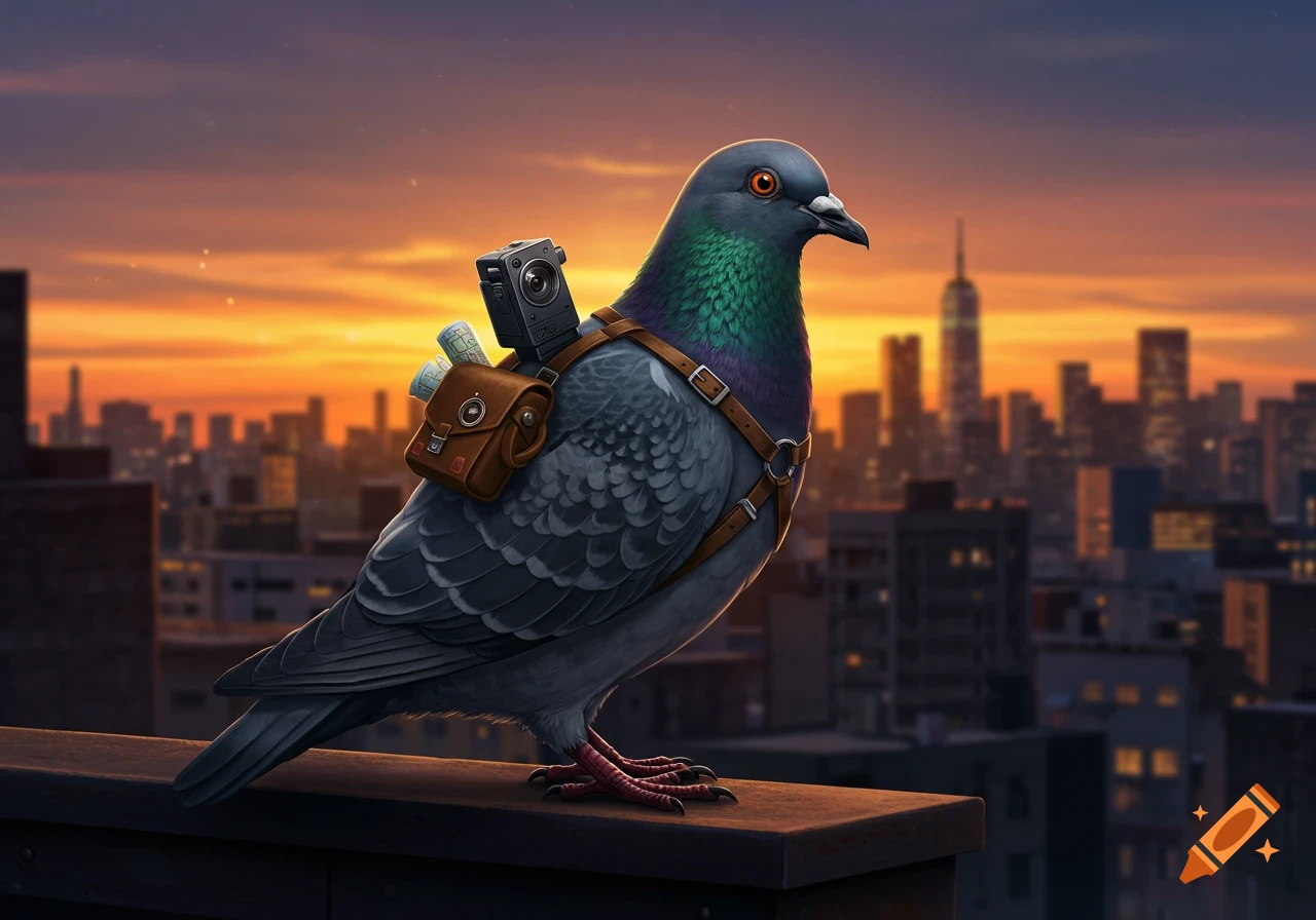 A pigeon wearing a camera rig stands on a ledge overlooking a city skyline at sunset.