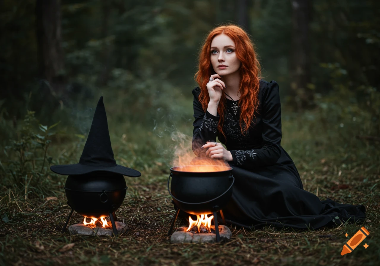 A red-haired woman dressed as a witch sits in a forest next to bubbling cauldrons and fire.