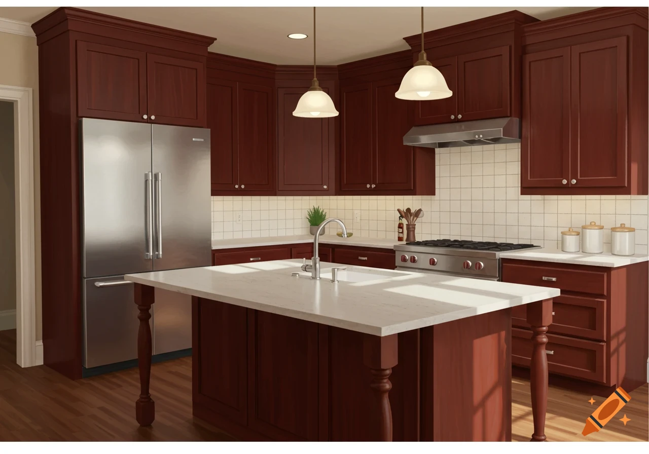 A kitchen with mahogany cabinets, a white tile backsplash, a white island with a sink, and stainless steel appliances.