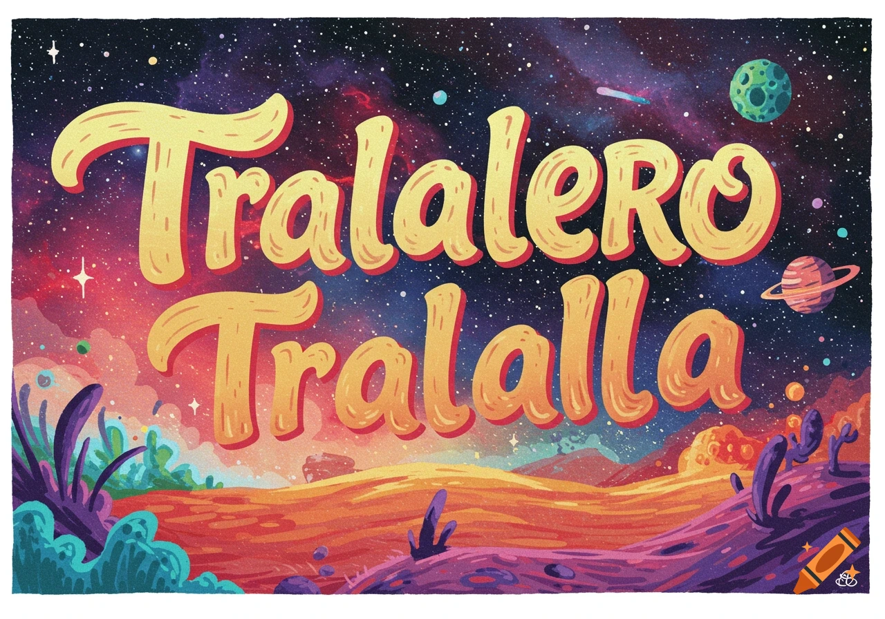 A colorful, stylized illustration of an alien landscape under a cosmic sky, featuring large yellow text that reads "Tralalero Tralalla".