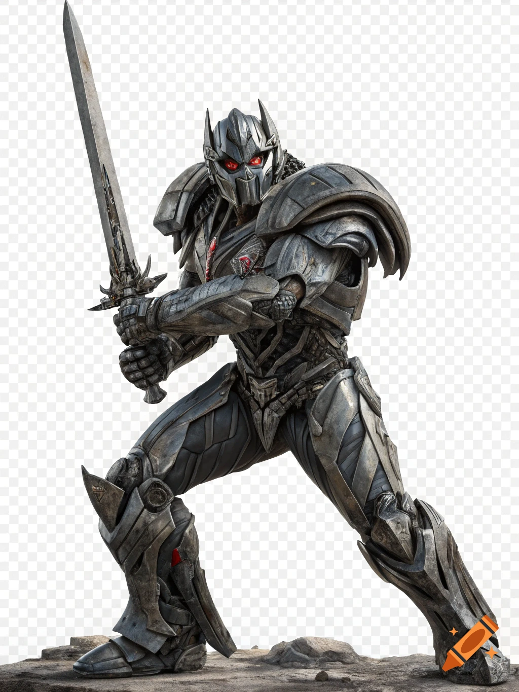 Detailed render of Megatron from Transformers holding a large sword on a rocky surface with a transparent background.