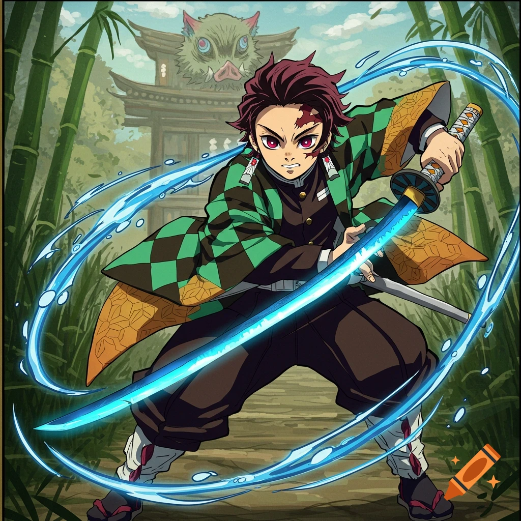 Anime character in fight pose with glowing sword and water effects in bamboo forest.