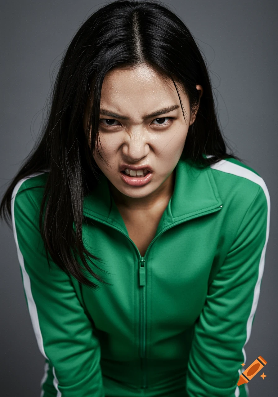 Portrait of a woman in a green track suit with a scowling expression, staring intensely at the camera.