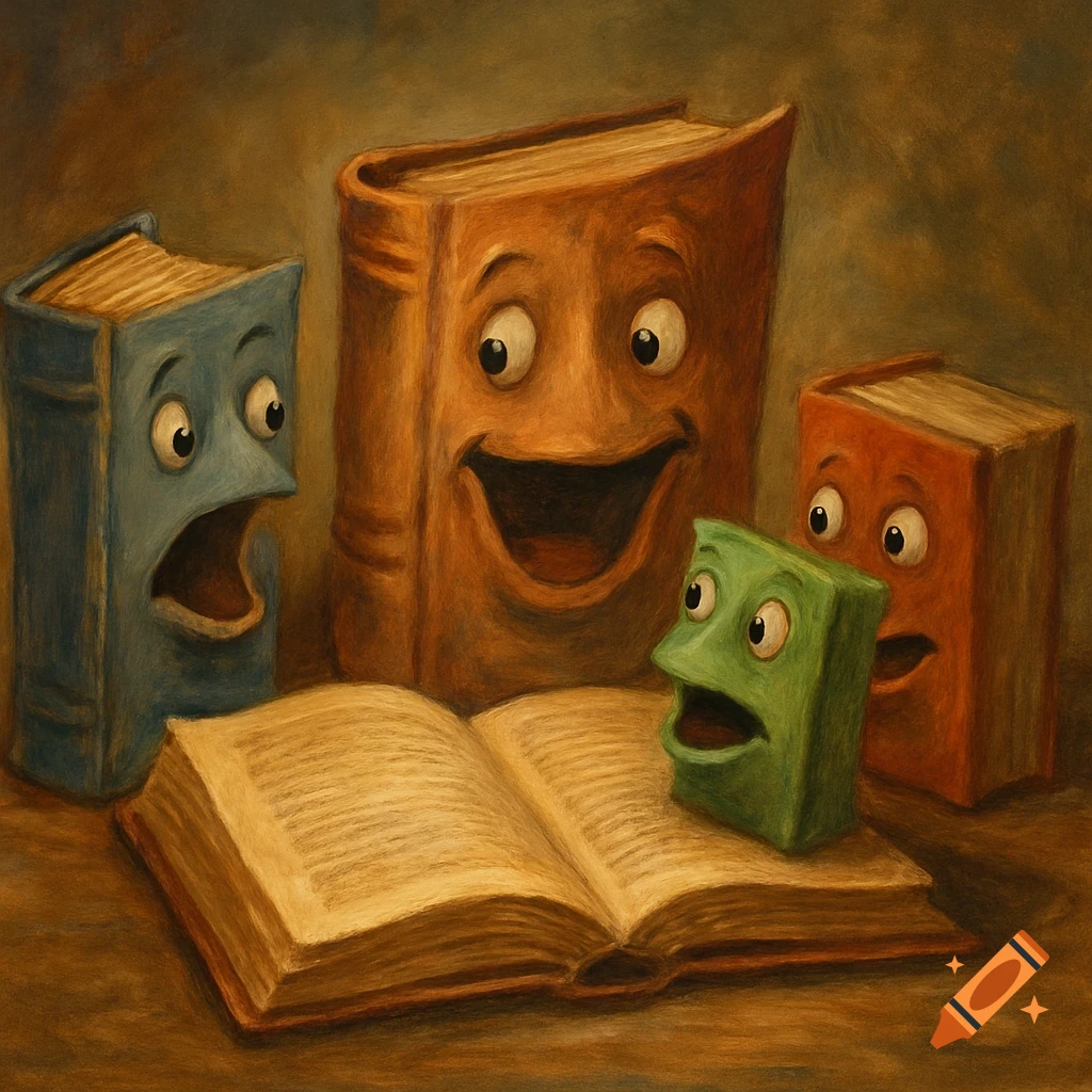 Four anthropomorphic books look at an open book