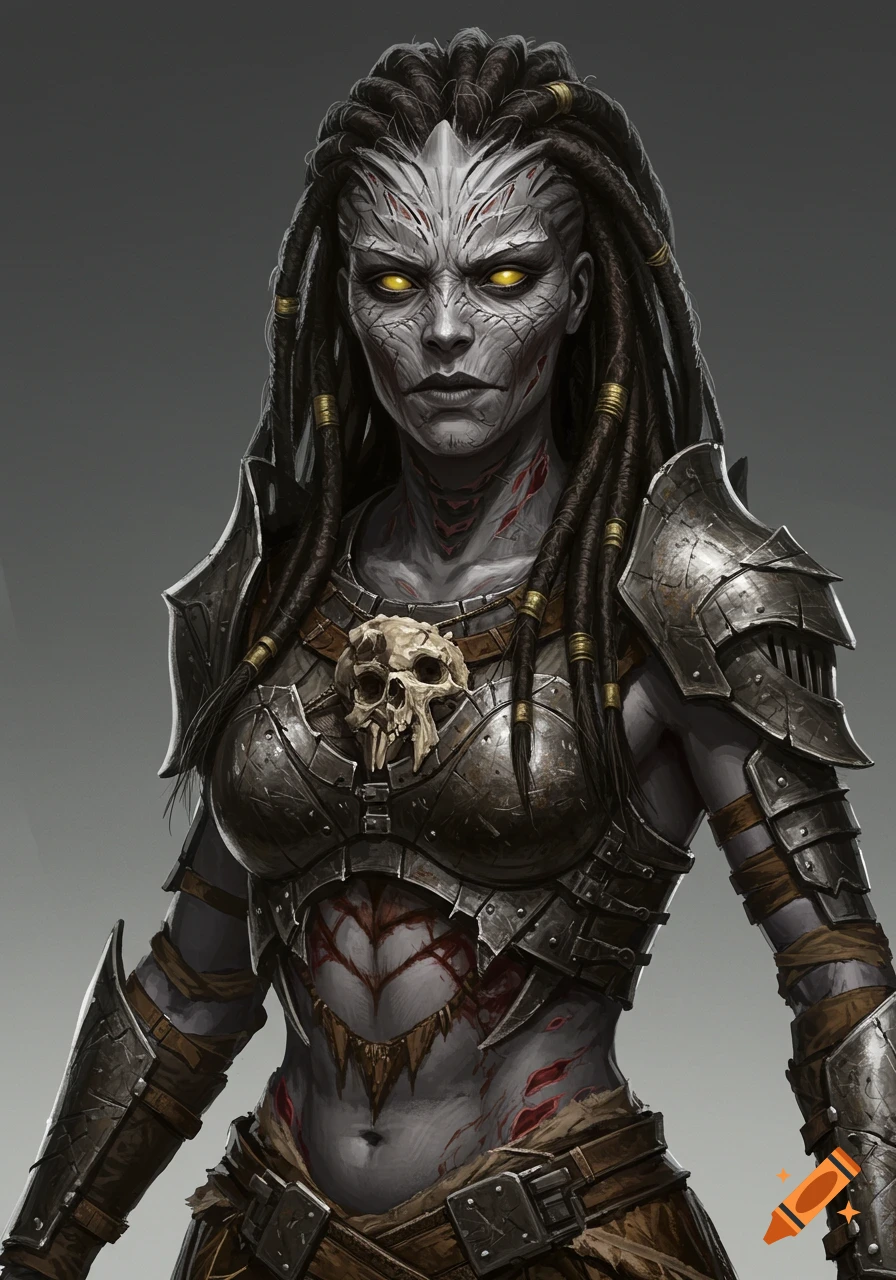 Fantasy illustration of a grey-skinned female warrior with glowing eyes, dreadlocks, armor, and scars.