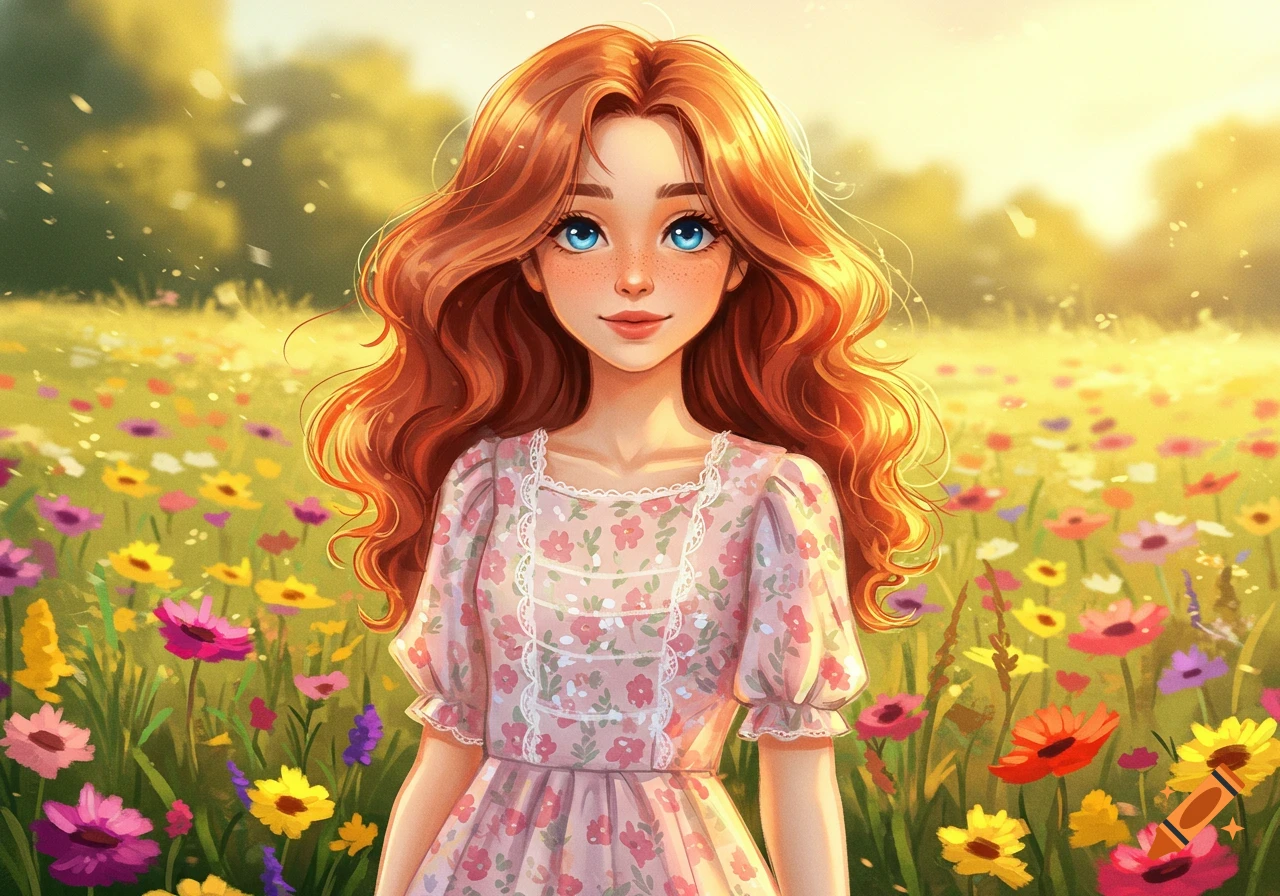 Image of a girl with red hair and blue eyes standing in a field of wildflowers.
