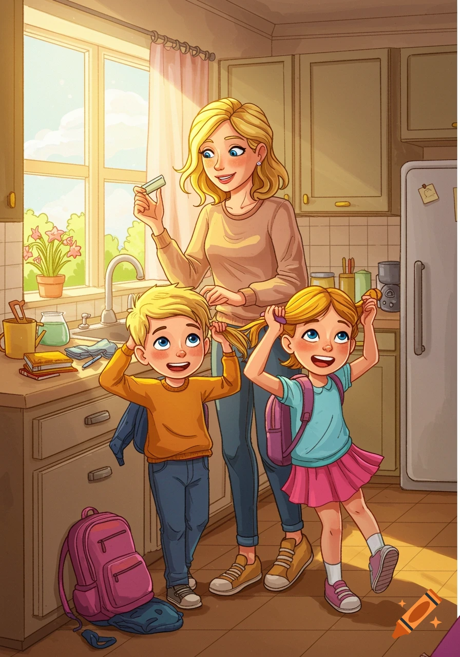 Cartoon illustration of a mother helping her two young children get ready for school in a bright kitchen.