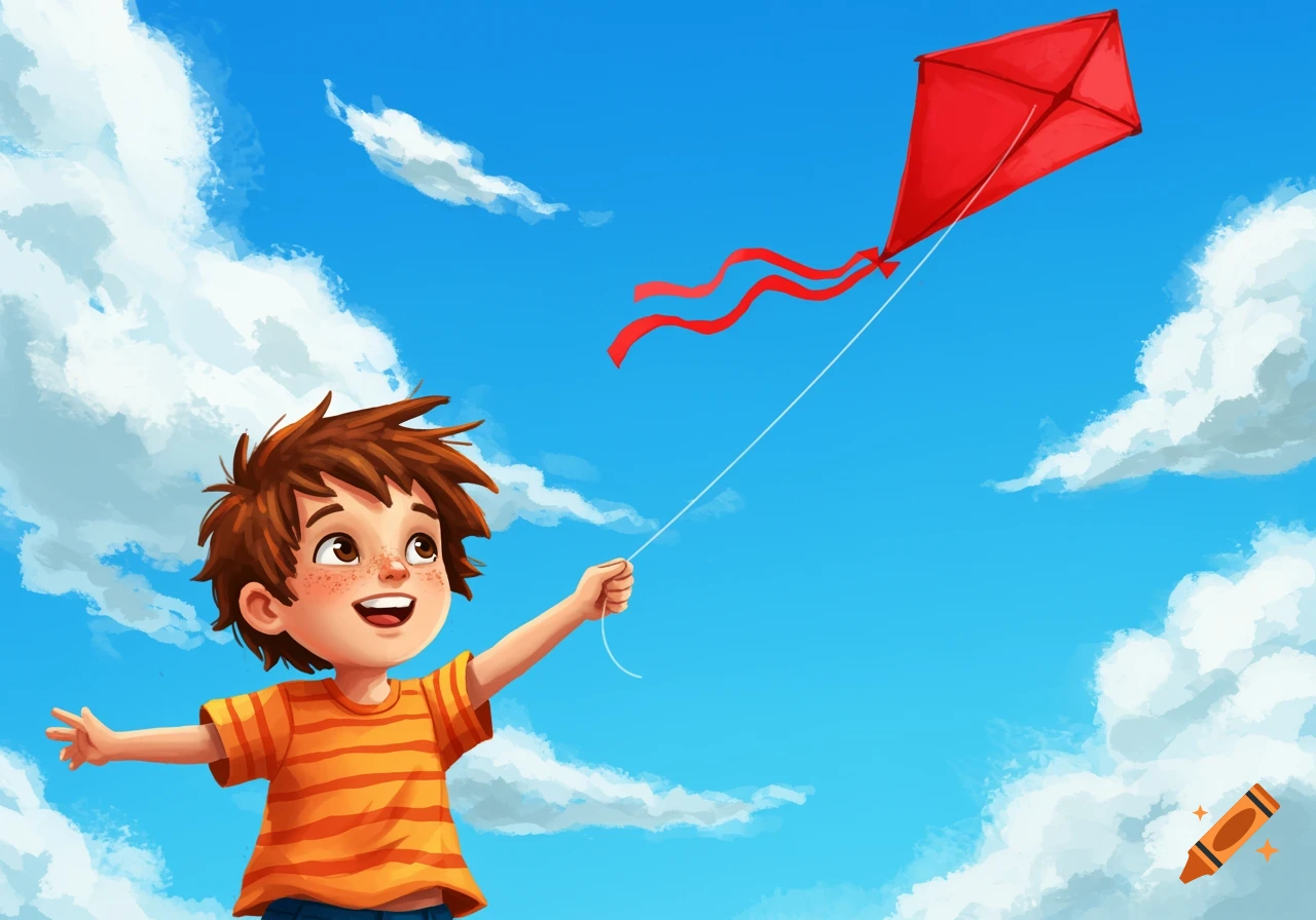 A joyful young boy flying a red kite in a bright blue sky with white clouds.
