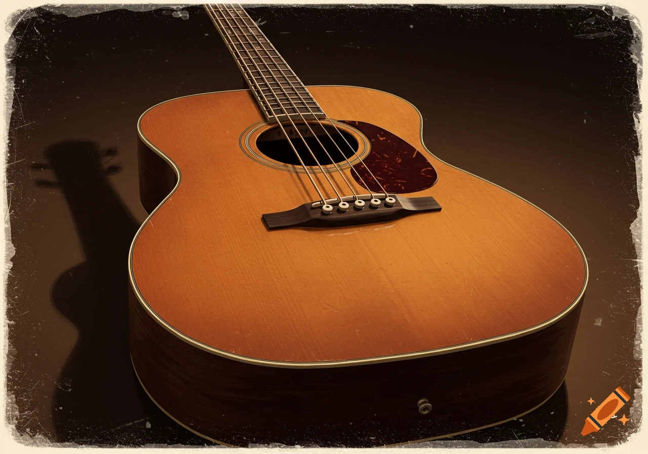 Close-up of a vintage acoustic guitar with an aged border.