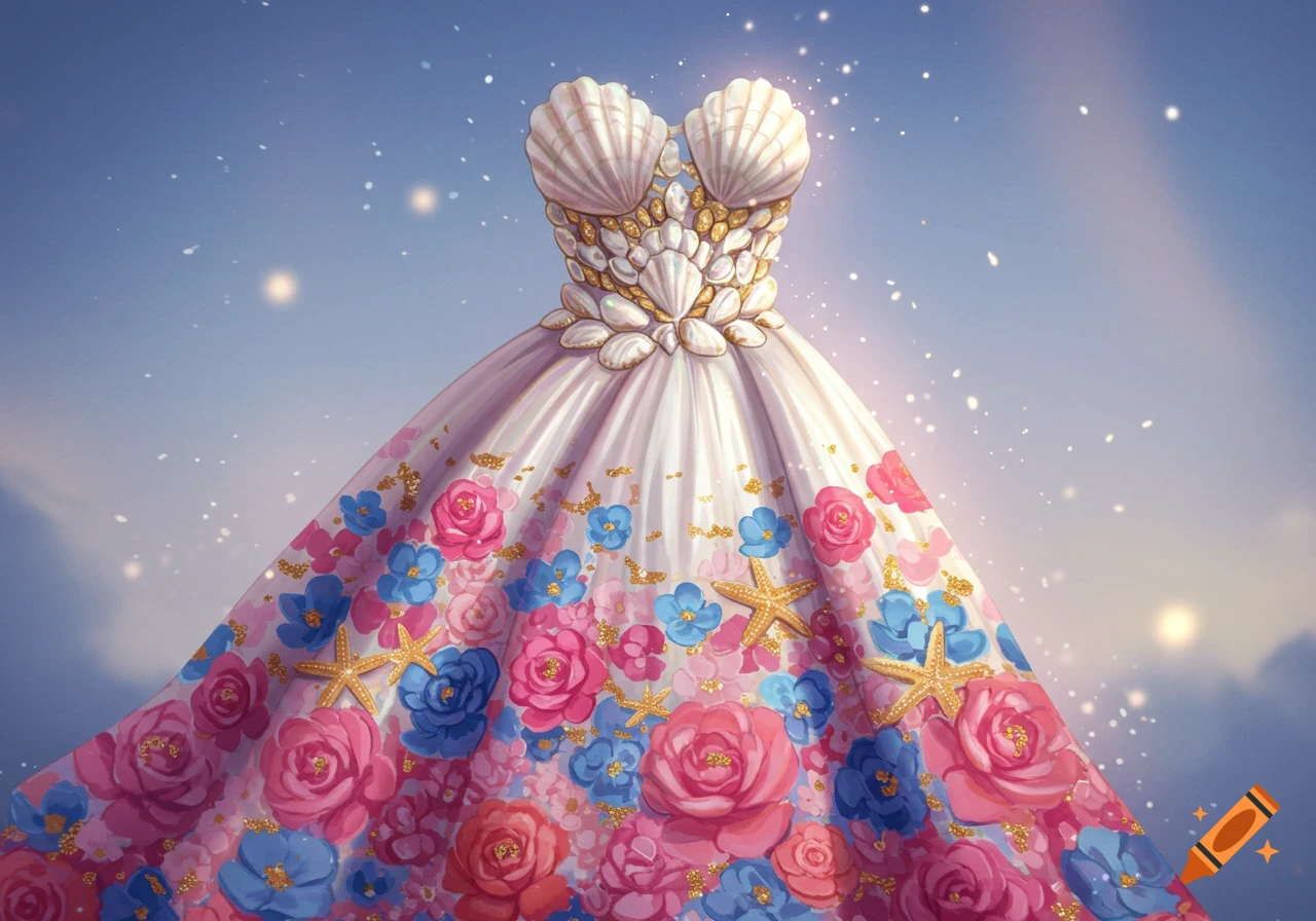 Fantasy dress with a shell top and a flowing skirt covered in pink and blue flowers and starfish.