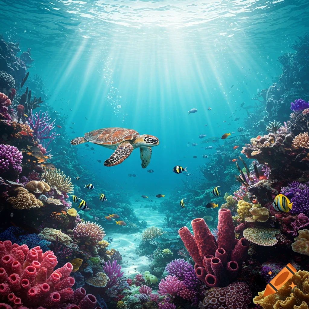 A sea turtle swims over a vibrant coral reef filled with colorful fish in bright sunlit water.