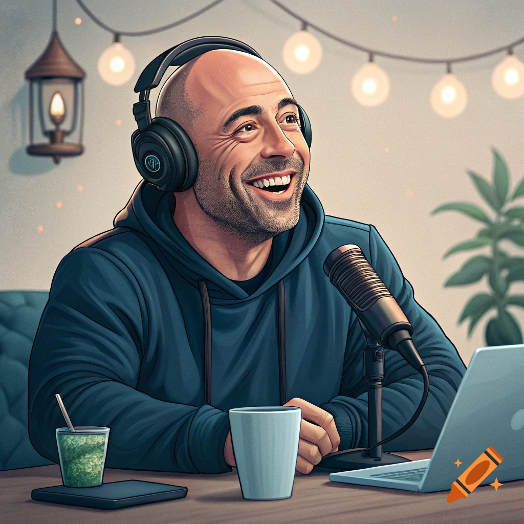 Stylized portrait of a bald man wearing headphones, sitting at a desk with a mic and laptop, hosting a podcast.