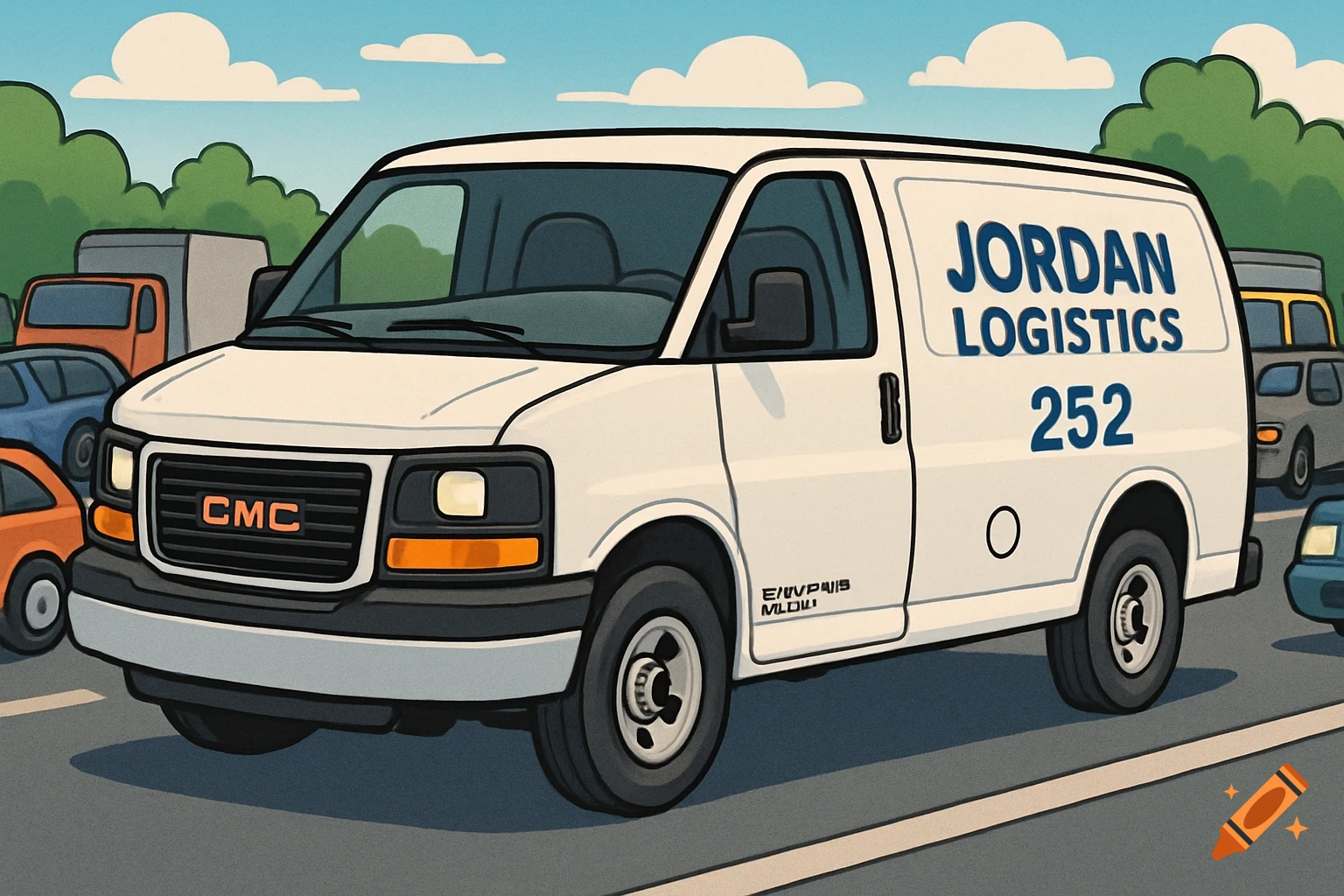 Cartoon illustration of a white Jordan Logistics van in traffic