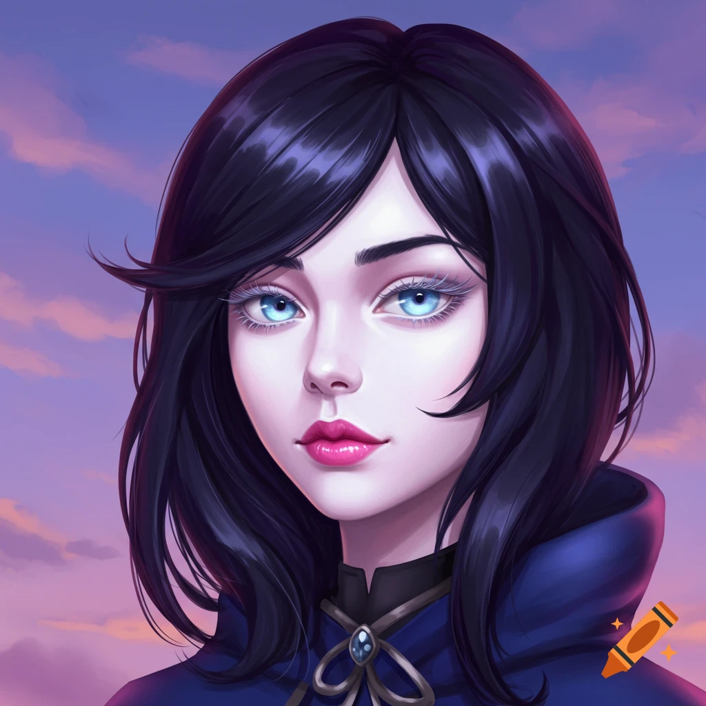 Portrait of a woman with dark hair and bright blue eyes, wearing a blue hooded cloak.
