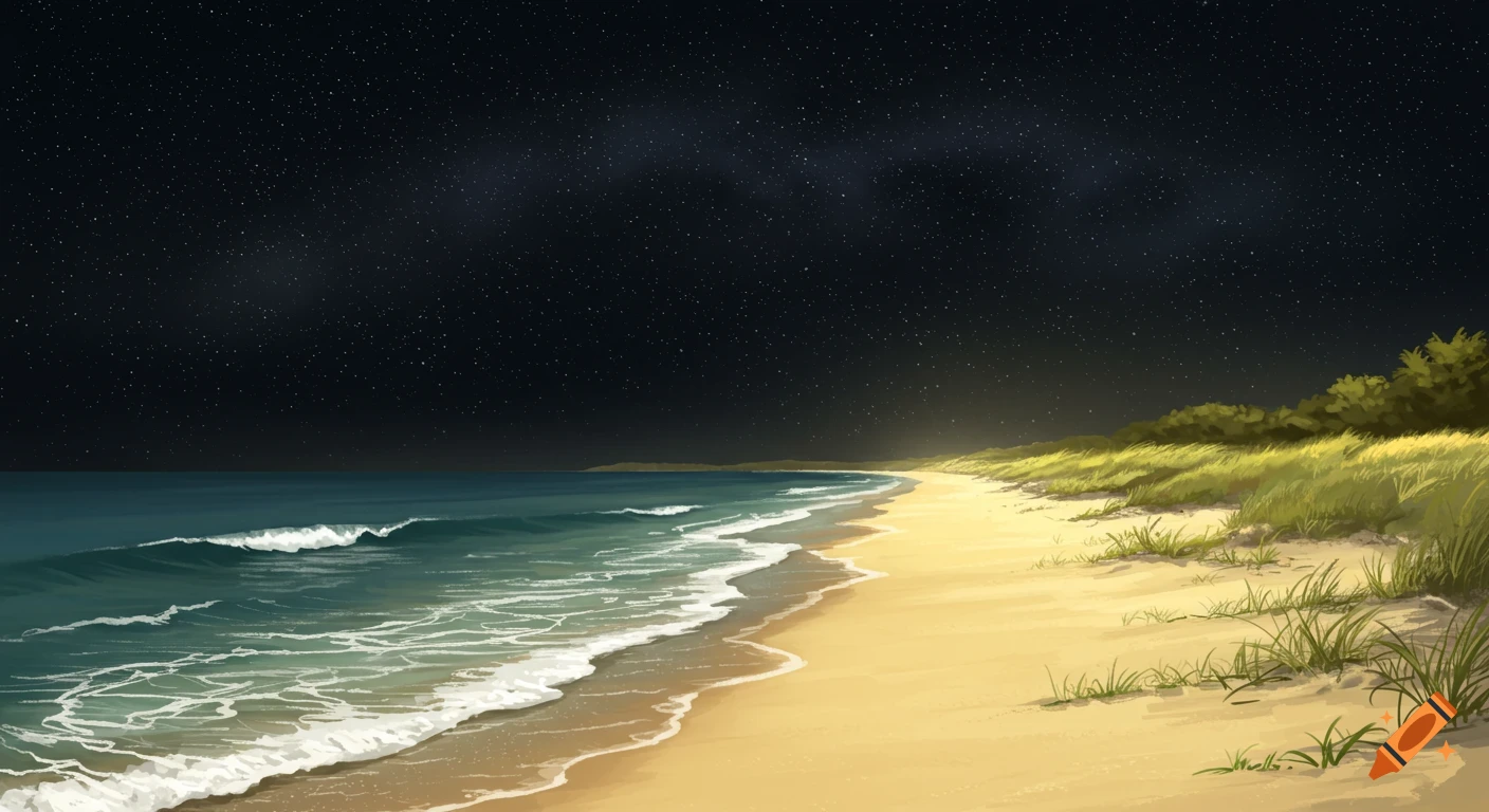 A beach at night with waves washing ashore under a dark, starry sky.
