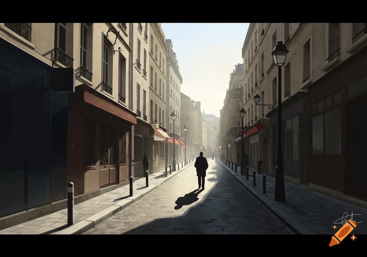 A man walks down a sunny cobblestone street in Paris.
