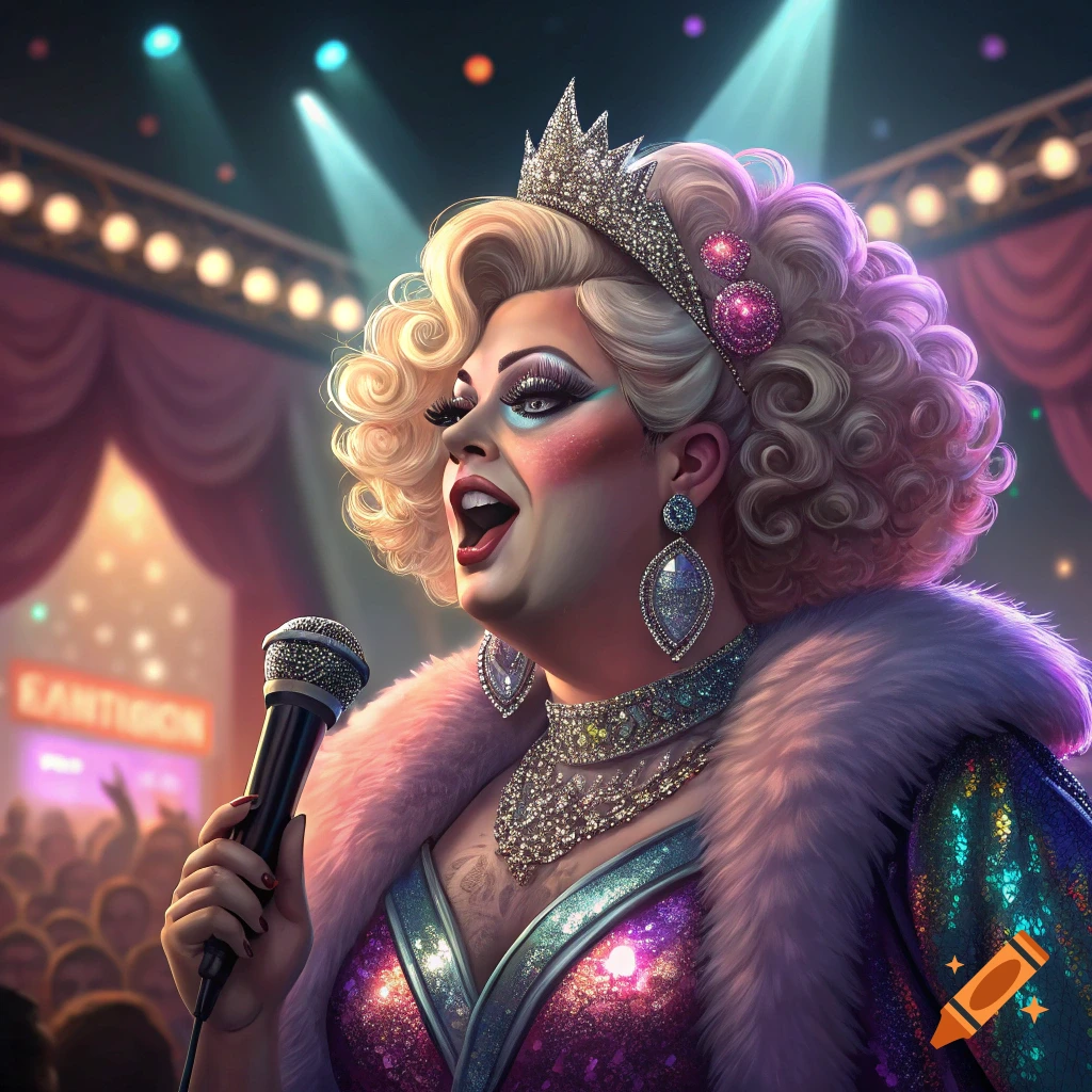 A glamorous drag queen sings into a microphone on a stage under spotlights.