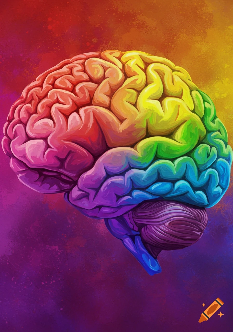 A rainbow-colored human brain.