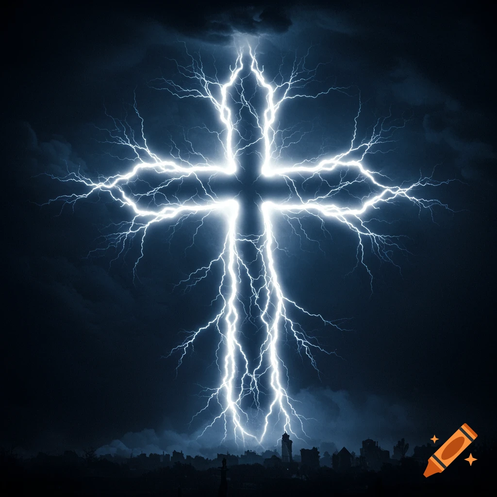 A cross made of lightning in a stormy sky over a silhouetted cityscape.