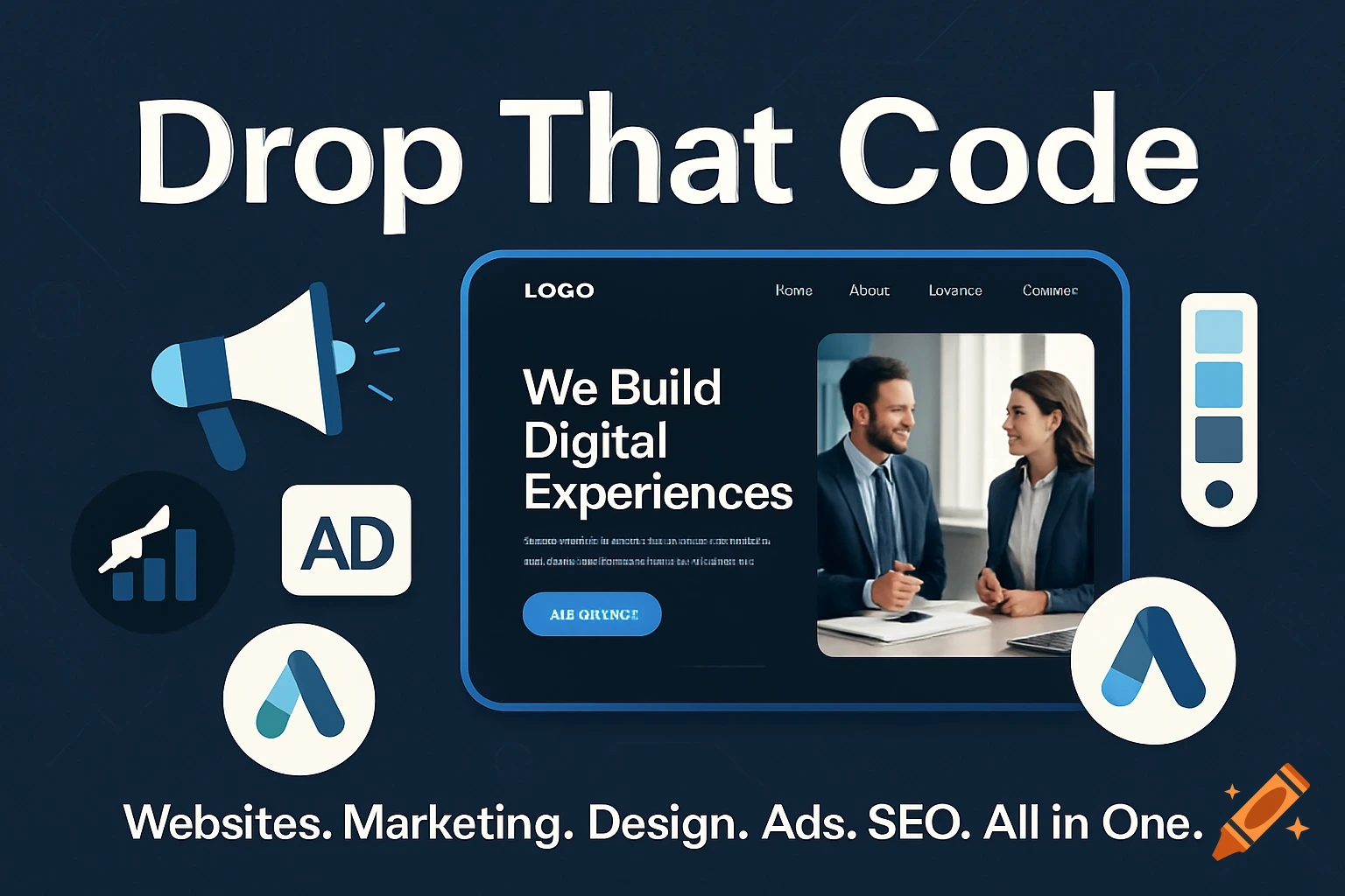 Marketing banner with text "Drop That Code", icons, website mockup, and slogan "Websites. Marketing. Design. Ads. SEO. All in One."