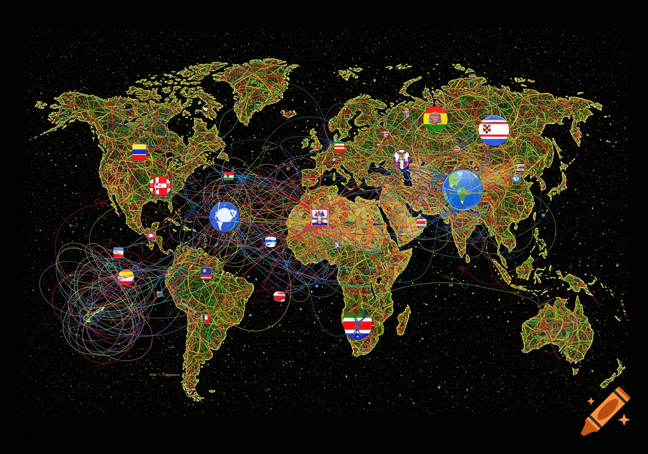 Abstract depiction of a world map with colorful lines connecting various points marked by country flags and spheres on a black background.