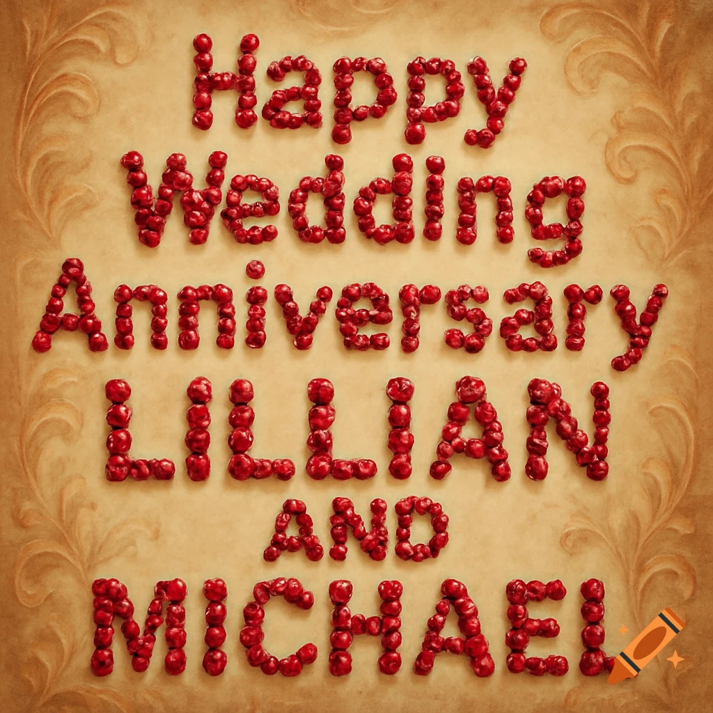 "Happy Wedding Anniversary Lillian and Michael" text made of rubies on a textured background.