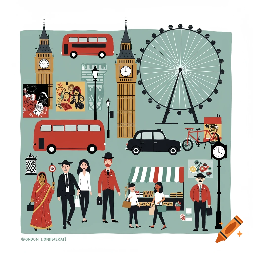 Simple illustration of London landmarks like Big Ben, London Eye, buses, and taxi, with various people and a market stall.