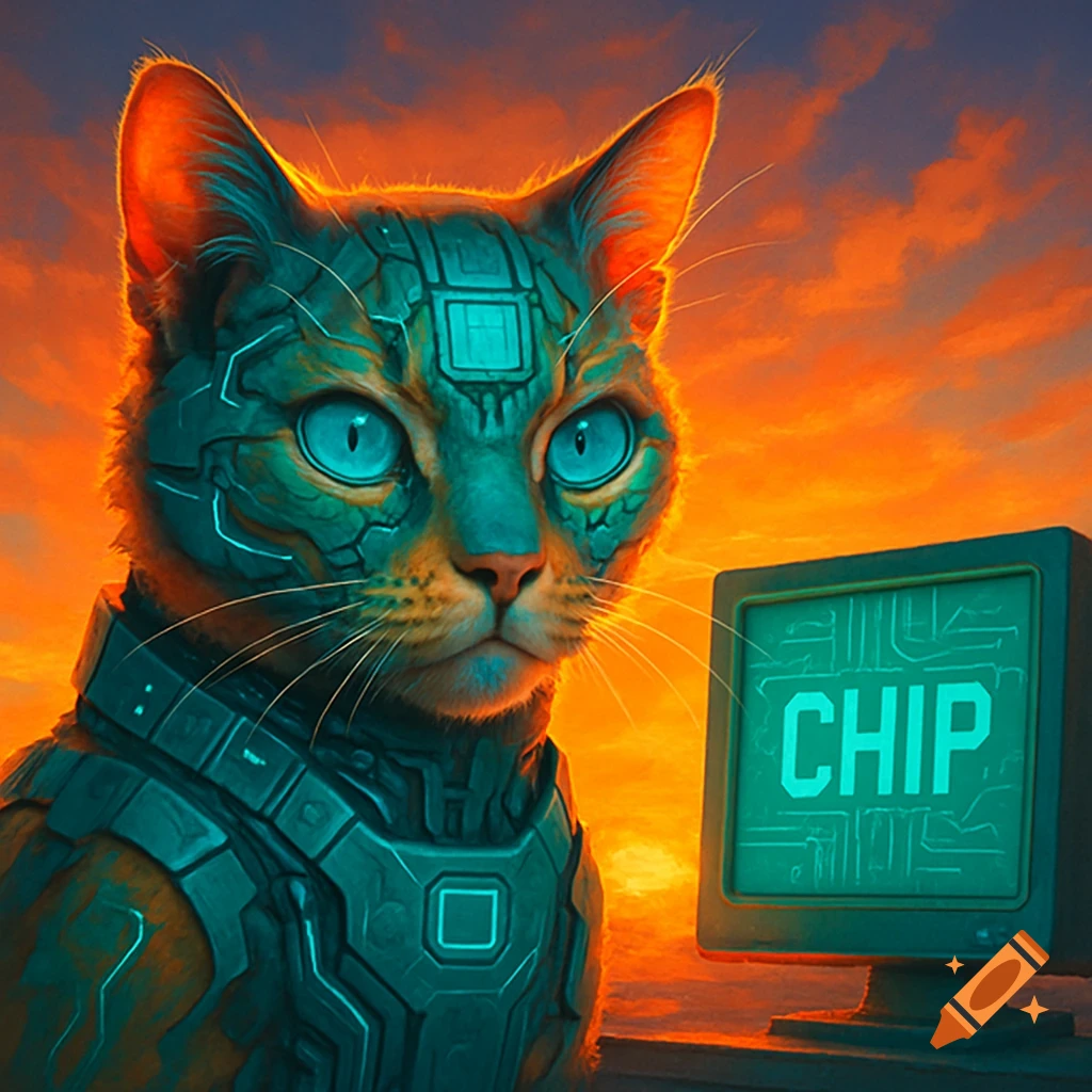 A cybernetic cat looks at a screen displaying 'CHIP' at sunset.