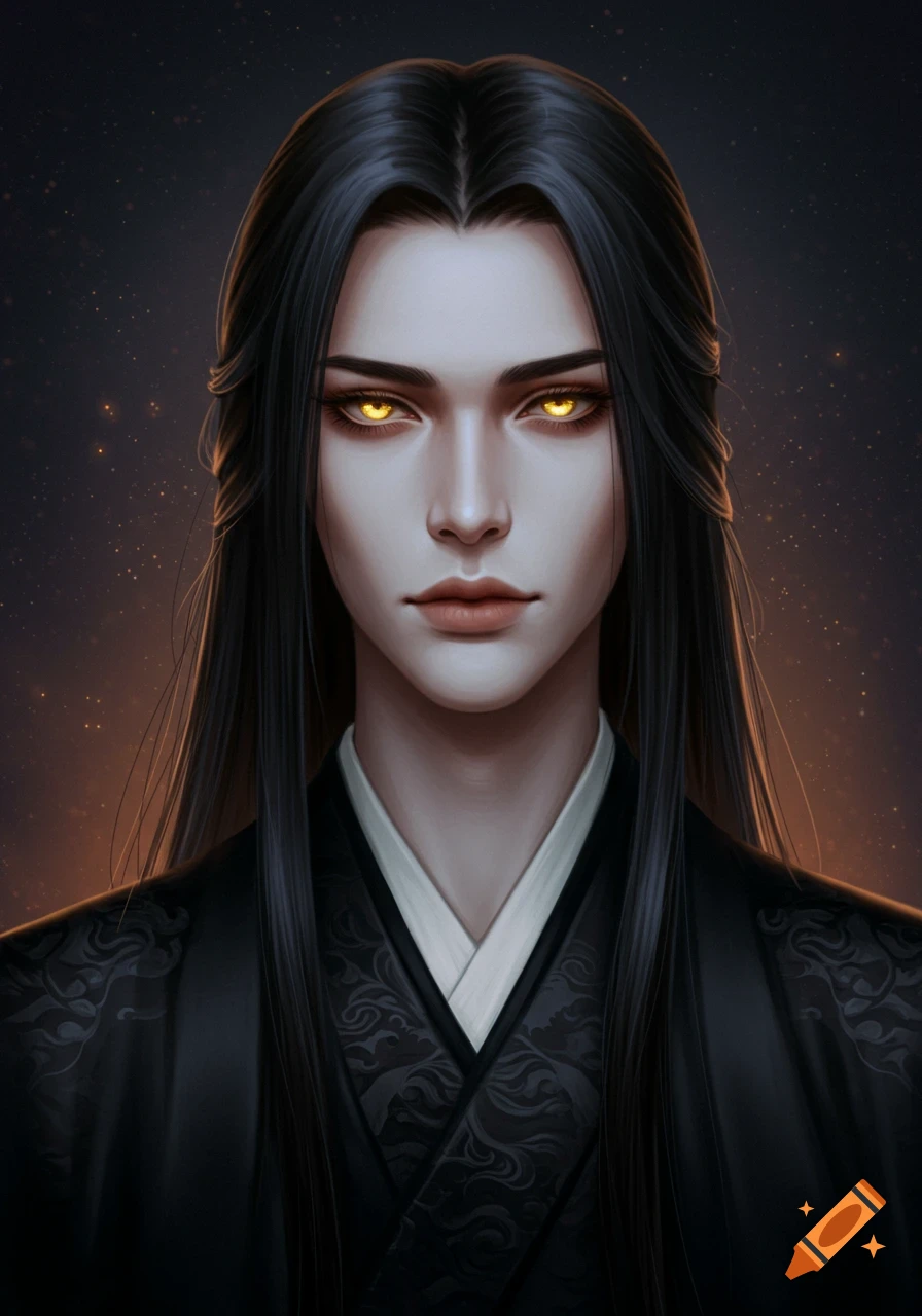 A portrait of a person with glowing golden eyes and long black hair wearing black robes.