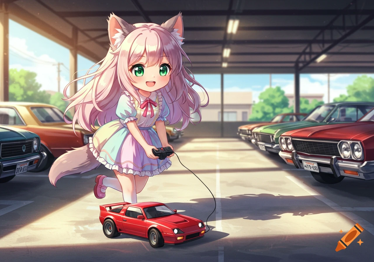 Anime neko girl plays with a red RC car in a parking lot with vintage cars.