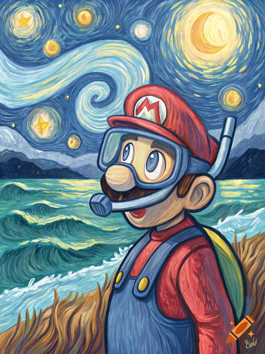 Mario in Van Gogh style, wearing a snorkel on a beach under a starry night sky.