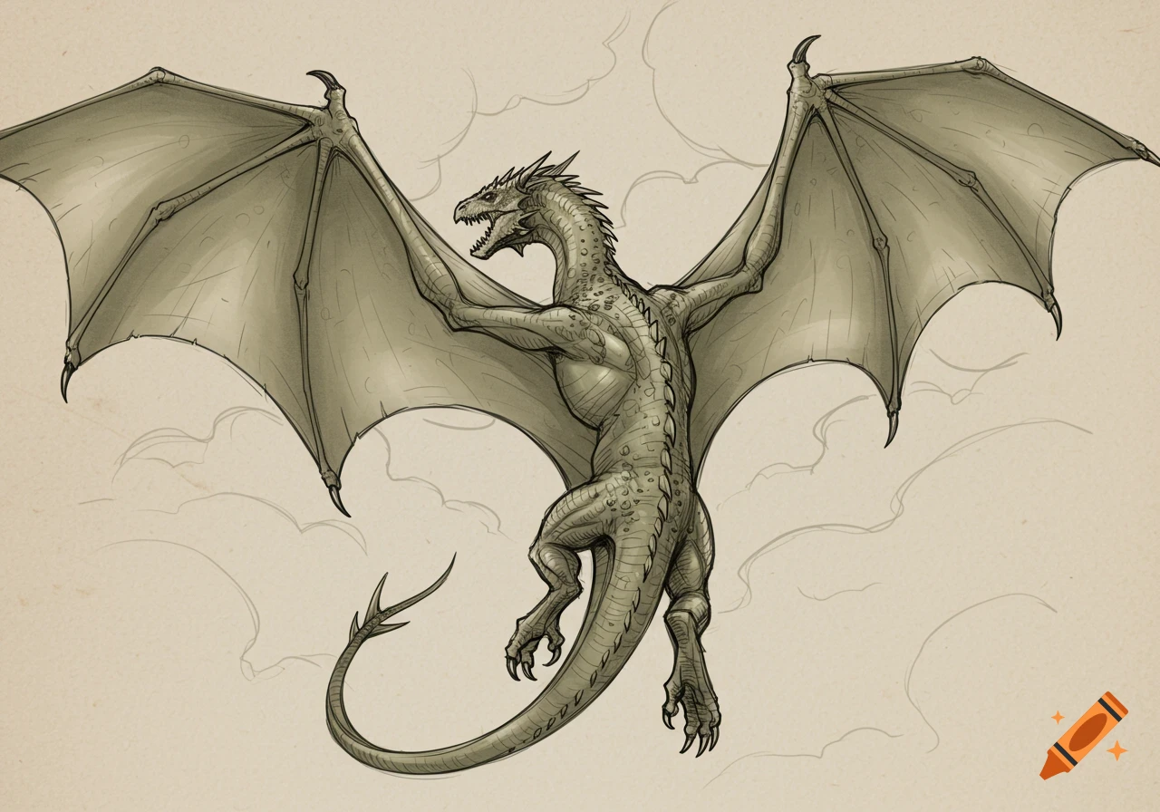 Sketch of a dragon flying against clouds