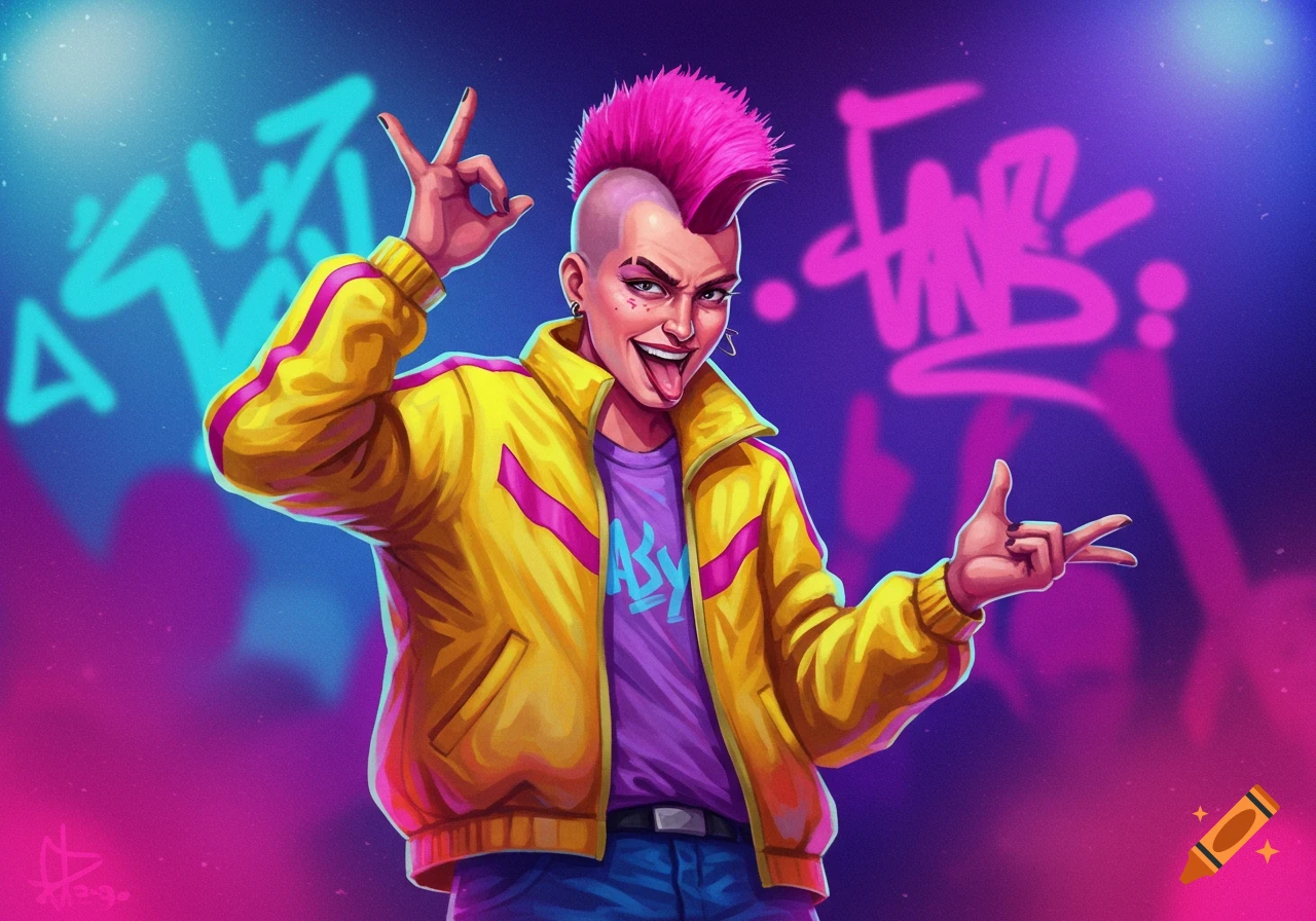 A person with a pink mohawk and yellow jacket striking poses on stage.