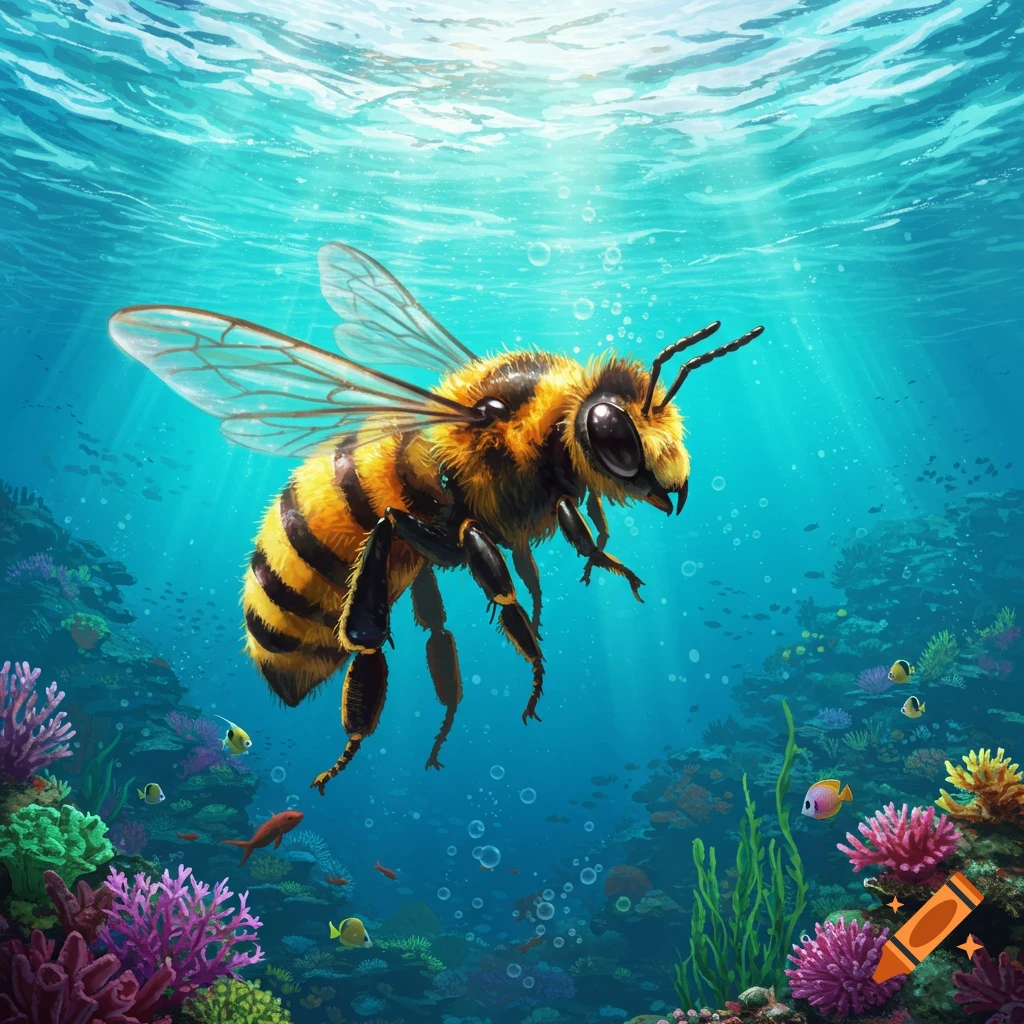 A bee swimming underwater in a coral reef with fish.